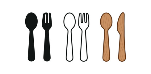 Flat vector illustration wooden utensils spoon fork and knife soft rounded shapes clean outline one black and white flat version one outline version one color version cozy eco lifestyle