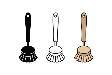 Flat vector illustration eco dish brushes scrubber and wooden handle soft rounded shapes clean outline one black and white flat version one outline version one color version cozy eco