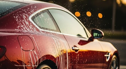 Close-up of a luxurious red car receiving a bubbly wash with water droplets catching the light