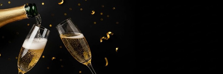 Horizontal wide banner , champagne pouring into two flutes with golden confetti on a black background. Perfect for New Year and Christmas celebrations.
