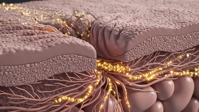 A whimsical still life scene of ornate bed with lavish pink blanket, scissors, soft lights, eggs on nearby surface, gold decorated cake captures creative animation and innovative thinking.