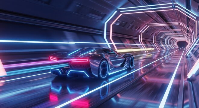 Futuristic cyberpunk sports car speeding through a neon-lit digital tunnel - Powered by Adobe