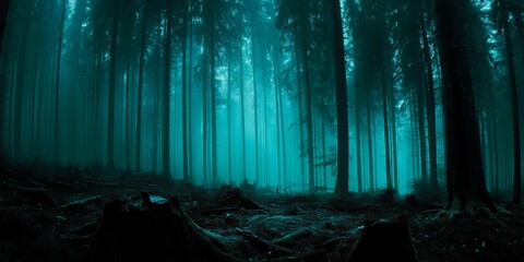 Enchanted forest with tall trees and blueish mist in the evening light, concept for fairy tales, fantasy and wallpaper