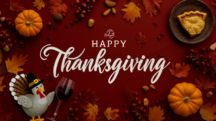 A festive Thanksgiving greeting card with a red background adorned with autumn leaves pumpkins grapes and a turkey wearing a pilgrim hat