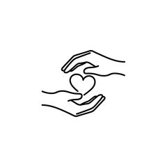 Line art illustration of two hands gently holding and protecting a heart, symbolizing care, love, and support.