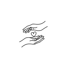 Minimalist line art illustration of two hands holding a heart-shaped string, symbolizing connection and care.