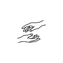 Minimalist line art drawing of two hands reaching towards each other on a white background, symbolizing connection or help.