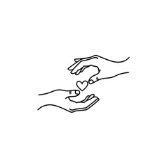 Minimalist line art illustration of two hands exchanging a small heart, symbolizing love, care, and connection.