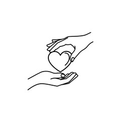 Line art illustration of one hand giving a heart to another hand, symbolizing love, care, and generosity.