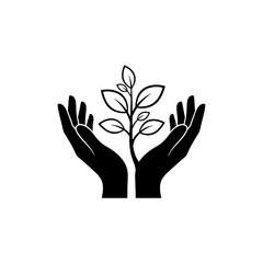 A black and white icon depicting two hands gently cupping and protecting a small plant with leaves, symbolizing growth and environmental care.