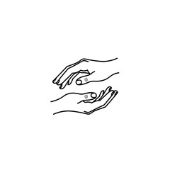 Minimalist line art illustration of two hands, one above the other, with spiral symbols on the palms, suggesting giving, receiving, or energy exchange.