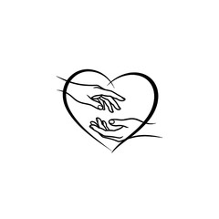 A black outline drawing of two hands reaching out within a heart shape, symbolizing connection and care.