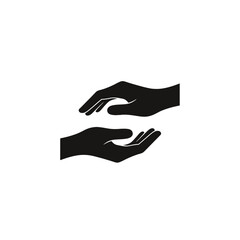 Black silhouette icon of two hands, one above and one below, symbolizing care, protection, and support.