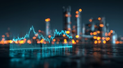 Digital stock chart overlaid on industrial cityscape background with bokeh effect, concept for investment analysis, economic forecast and trading platform