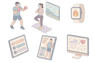 Fitness Tech Tools. Isometric vector illustration set of fitness technology tools: cardio boxing session with gloves and headset,