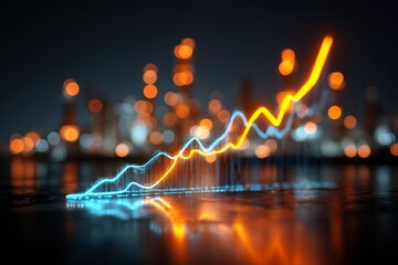Vibrant financial chart lines on dark reflective surface with bokeh city background. Concept for investment analysis, stock market trends, business growth