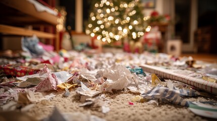 Close up shot of wrapping paper scraps scattered on carpet after opening gifts, concept for holiday cleanup, post christmas mess and family gathering