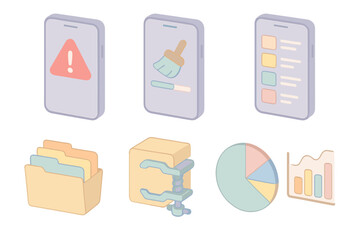 Smartphone Storage Management Icons. Isometric vector illustration set Basic smartphone storage cleanup and management: storage