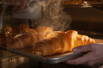 Fresh Buttery Croissants with Steam & Aroma, Bakery Morning Vibes, Warm French Pastry, Coffee Break Aesthetic, Golden Flaky Croissant, Gourmet Breakfast