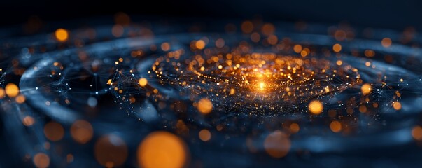 Abstract network with orange lights and blue background, concept for digital technology, data visualization and futuristic design