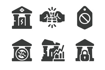 Cultural Clash Icons. Solid style icons of culturally charged ruins: sacred site with marks glyph, clash of values icon, taboo tag