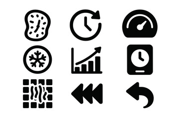 Dream Time Icons. Solid style icons of temporal distortion in dreams: warped clock icon, time loop glyph, speed dial badge. Freeze