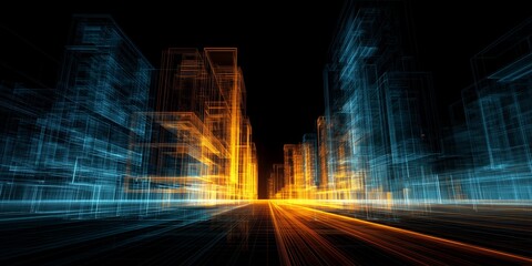 Abstract futuristic cityscape with glowing lines on a black background, concept for digital architecture, technology visualization and urban planning