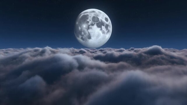 Beautiful Moon in the Skies. Flying Over the Infinite Clouds with the Night Moon Shining Sea.