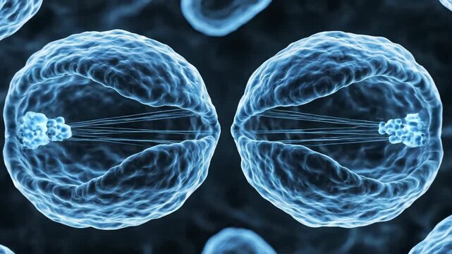 Detailed scientific illustration of two biological cells undergoing active division, showcasing intricate internal structures and genetic material alignment during replication