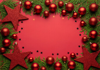 Merry Christmas gift boxes with silver ribbon bow on blue festive background decorated balls candles tree, happy 2020 new year winter handmade holiday present concept, flat lay, copy space top view