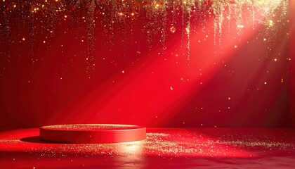 Empty red circular podium stage with falling gold glitter perfect for luxury product presentation background