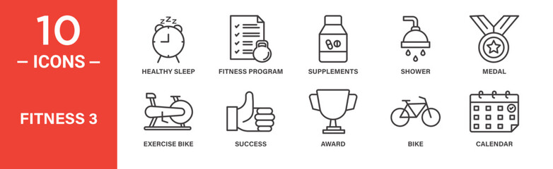 Fitness icon set. Fitness vector symbol in black filled and outlined style.