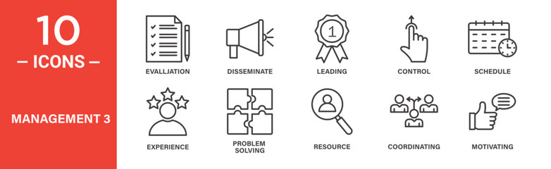 Management icon set. Business leadership and control vector symbols in black outline style.