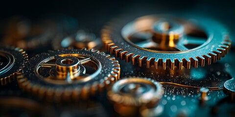 Close-up shot of intricate cogwheels with visible texture and metallic shine, technical precision and accuracy. Concept for industrial innovation, mechanical engineering and technological advancements