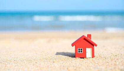 Naklejka premium Miniature red house model placed on sandy beach, natural background, real estate and property