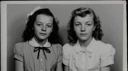 Two young girls posing for a black and white photograph