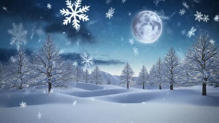 Digital animation of snowflakes falling against winter landscape with trees - Powered by Adobe