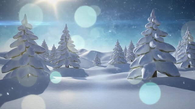 Digital animation of spots of light against snow falling trees on winter landscape