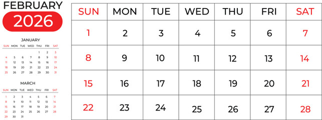 Clean February 2026 Calendar Design Featuring Next & Previous Months