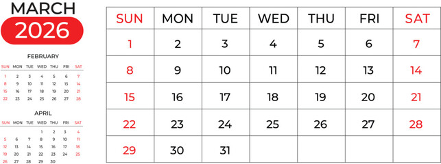 Clean March 2026 Calendar Design Featuring Next & Previous Months