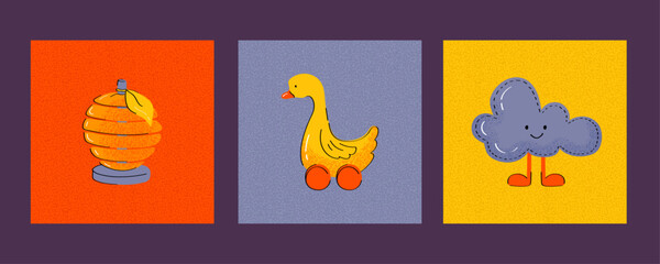 Set of three stylized decorative objects: citrus-shaped stack, rolling duck figure and soft cloud icon. Hand-drawn vector for graphic compositions and creative layouts.