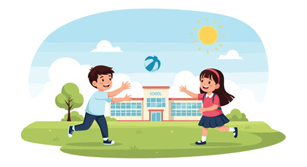 Two cheerful children play a friendly ball game near a school building on a sunny day as they eagerly run toward each other across a green lawn.