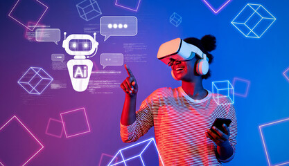 A user immersed in a virtual reality experience, interacting with a digital assistant amid a visually striking, futuristic environment filled with vibrant graphics and engaging elements. XDMCP