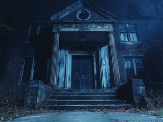 An imposing, dilapidated mansion looms under a cold, blue night sky. Its grand entrance and broken windows create a chilling, eerie atmosphere perfect for a haunted house tale.