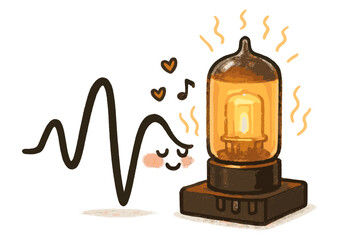 Warm Sound Vibes. A waveform cozying up near a glowing tube amp, with doodle warmth lines and tiny musical hearts floating, No