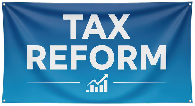 Tax reform banner with blue background and upward graph symbol promoting financial changes. Tax reform concept displayed prominently emphasizes growth in financial policies.