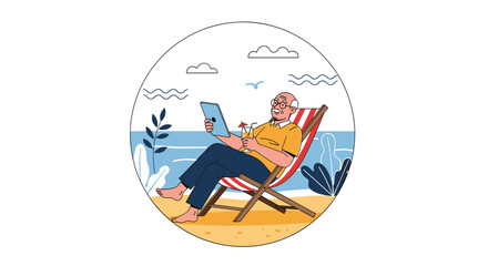 Senior man sits on a striped deck chair on the sunny beach reading a tablet by the sea as gentle waves roll in and a warm breeze rustles leaves overhead.
