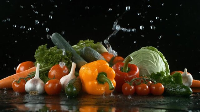Fresh vegetables with water droplets exploding on black background. Filmed on high speed cinematic