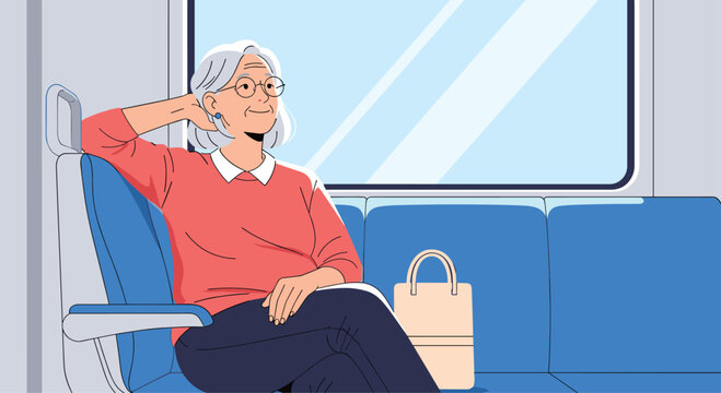 Elderly woman with gray hair sits on a blue train seat by a large window smiling as she relaxes during a daytime journey.