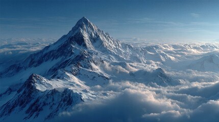 Mountain peak rises above clouds with blue sky in background, showing distant mountain range and clear atmosphere